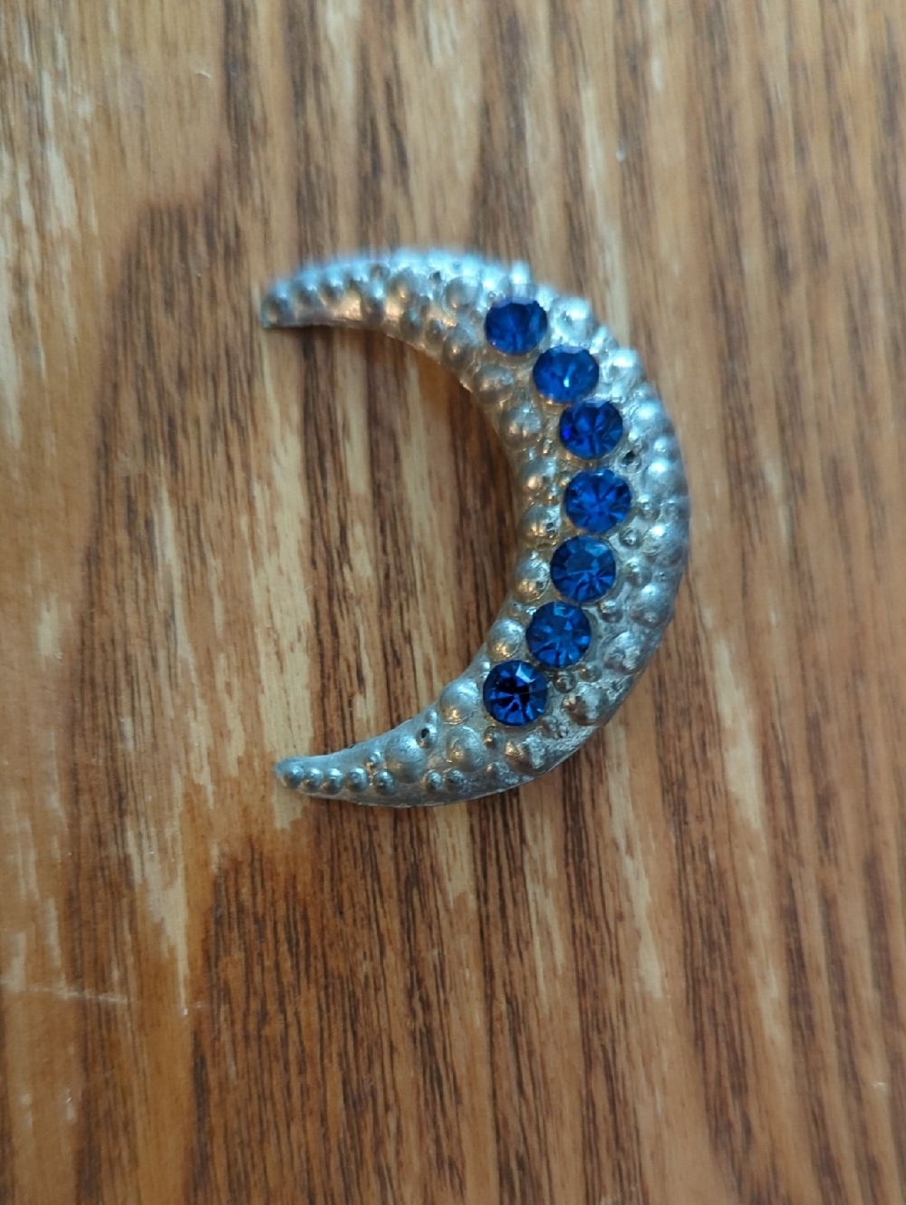 Vintage Silver-Tone Crescent Moon Brooch with Blue Stones